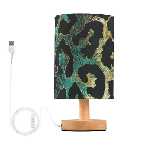 Teal Gold Leopard Table Lamp USB Bedside Desk Nightstand Lamp Printed Gifts Small Lamp Wood Base for Bedroom Living Room Kids Room College Dorm