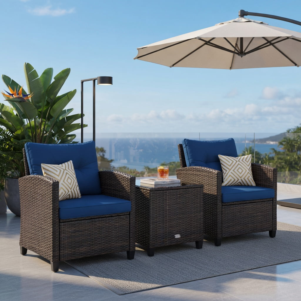 Hommoo 3-Piece Outdoor Rattan Patio Furniture Set with Cushioned Chairs & Tempered Glass Coffee Table, Navy