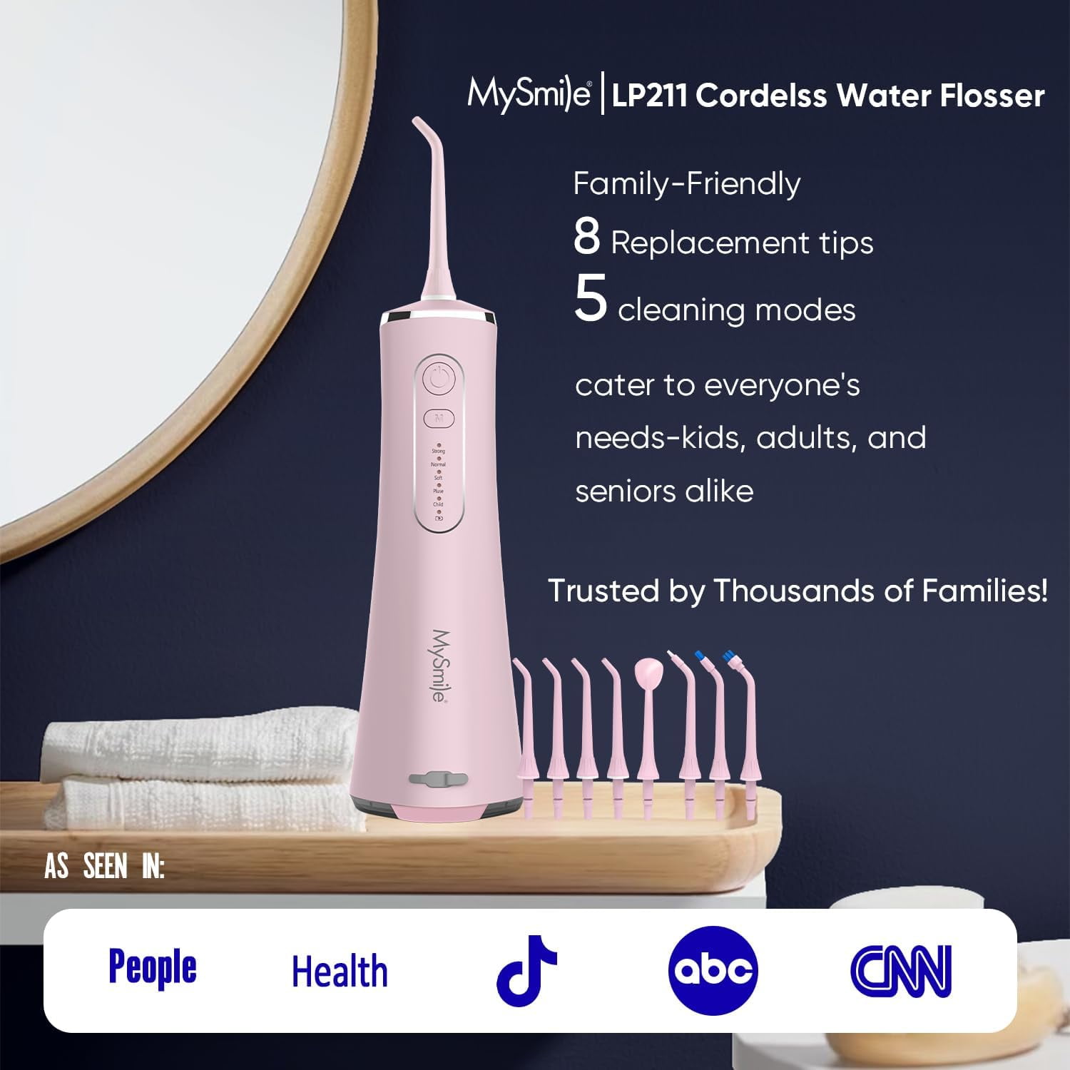 MySmile LP211 Portable Water Flosser Cordless for Teeth Braces, Oral Irrigator, Electric Water Dental Picks, 5 Modes, 8 Jet Tips, Travel Bag, Pink