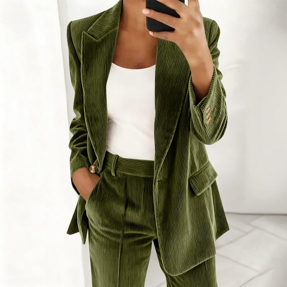 ClodeEU Women's Corduroy Blazers Jackets,Open Front Work Office Suit Jackets ,Long Sleeve Business Coat Army Green,Womens Plus XXL