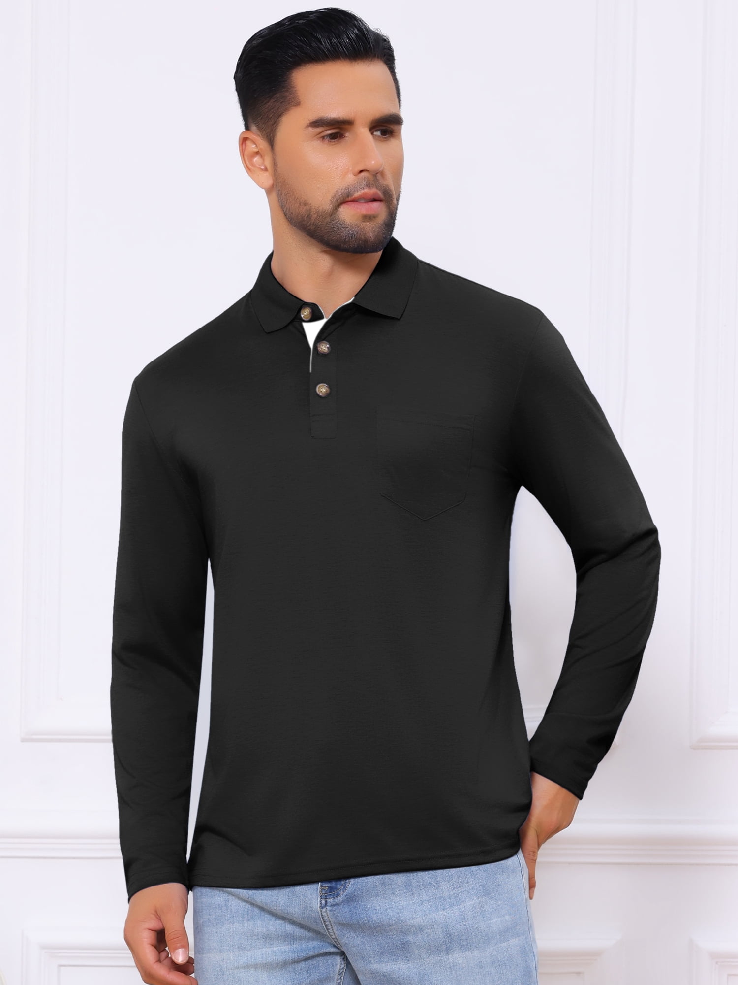 DARING DIVA Men's Contrast Button Collared Long Sleeves Golf Polo T-Shirts 2XL Black