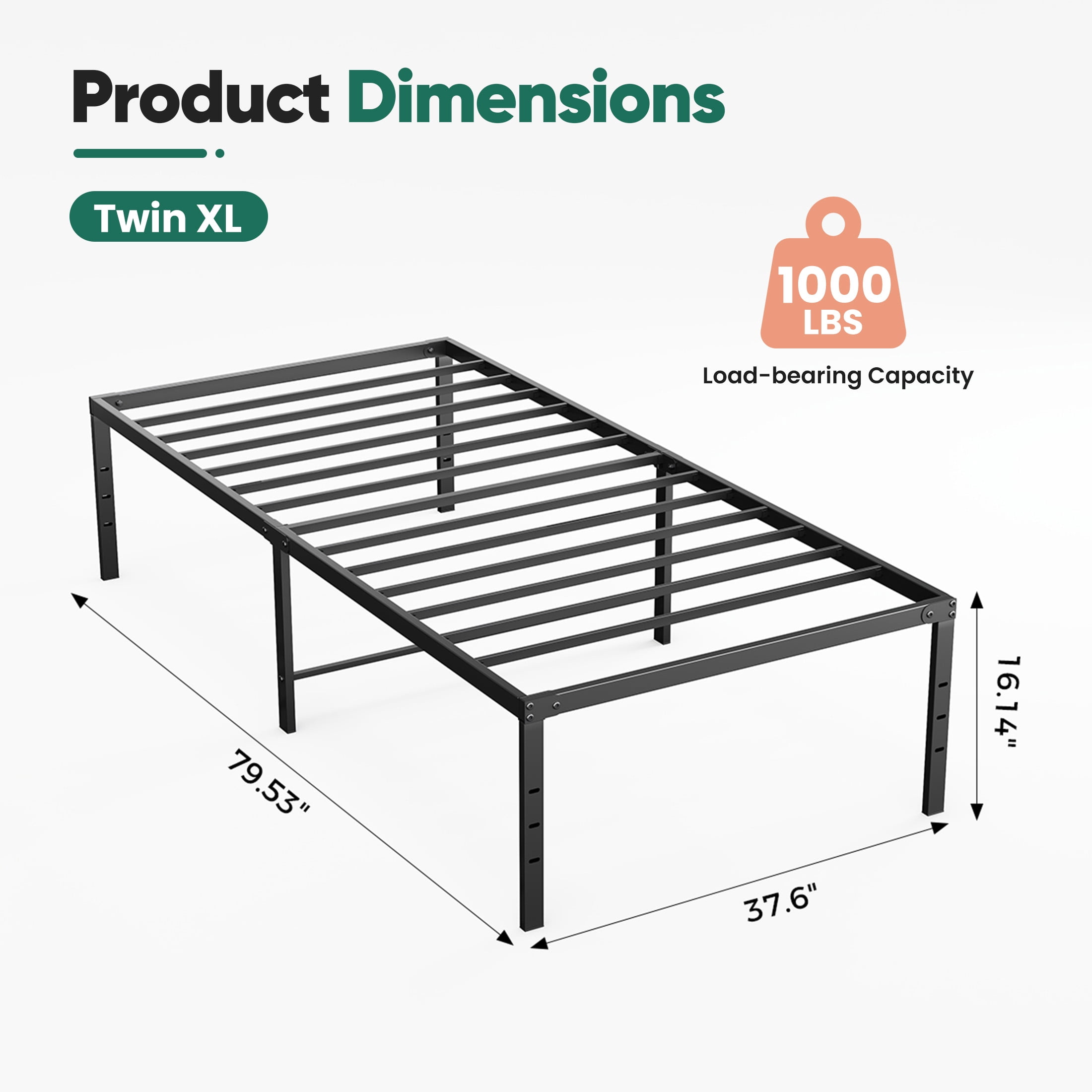 EDX 16 Inch High Clearance Metal Platform Bed Frame with Steel Slats, Large Under Bed Storage, No Box Spring Needed, Noise Free, Easy Assembly, Twin-XL