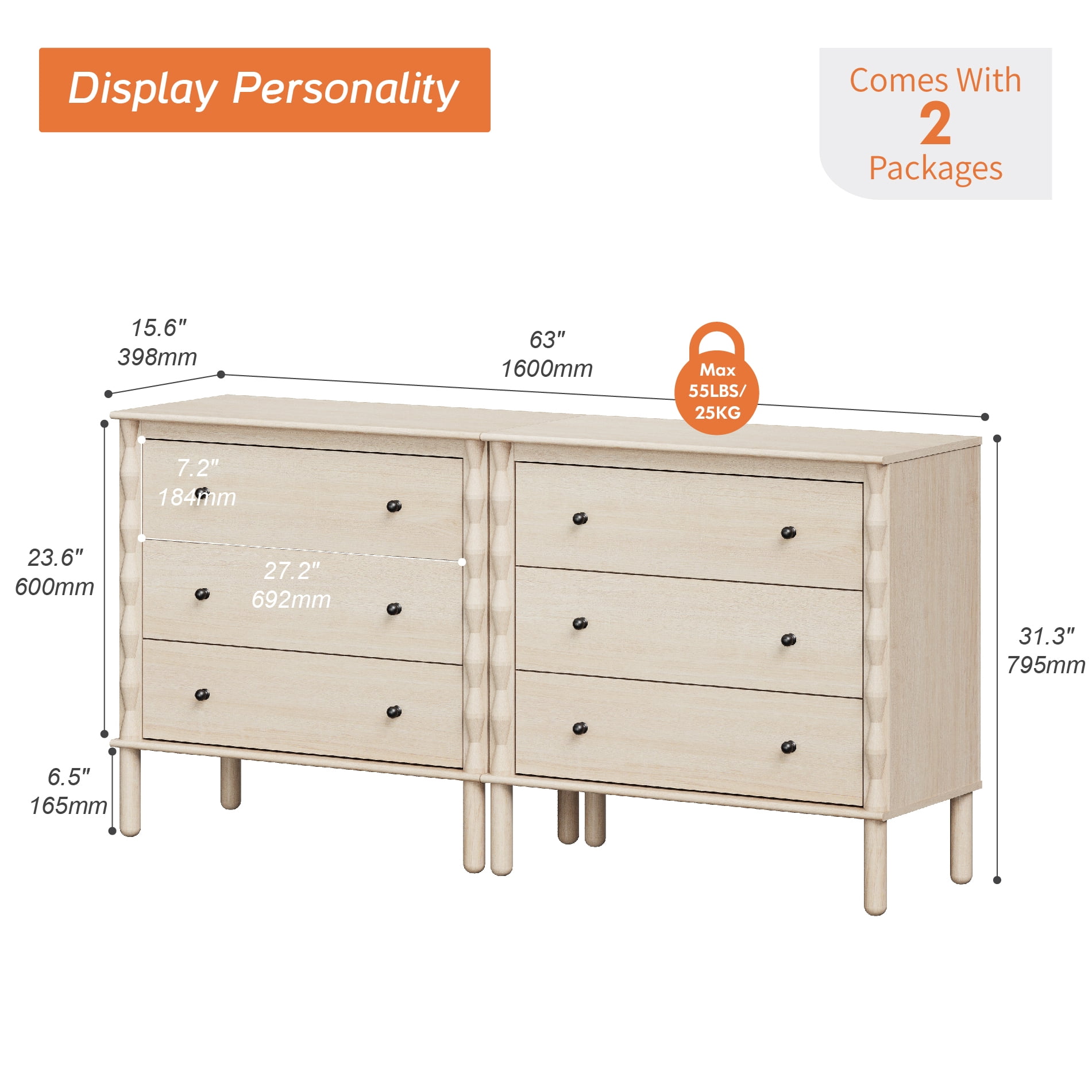 PRE-ASSEMBLED Drawer Glides & Anti-Tip Kit 6 Drawer Dresser for Bedroom，Natural