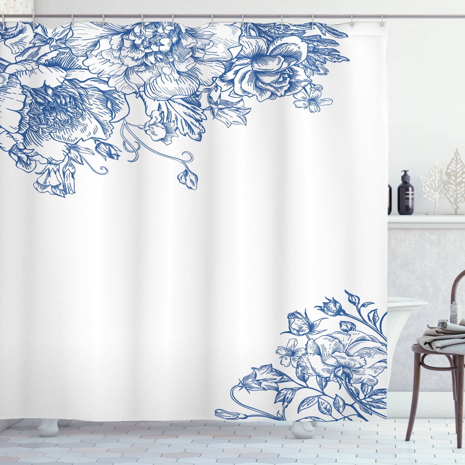 Vintage Blue Shower Curtain, Vintage Style Floral Design with Peony