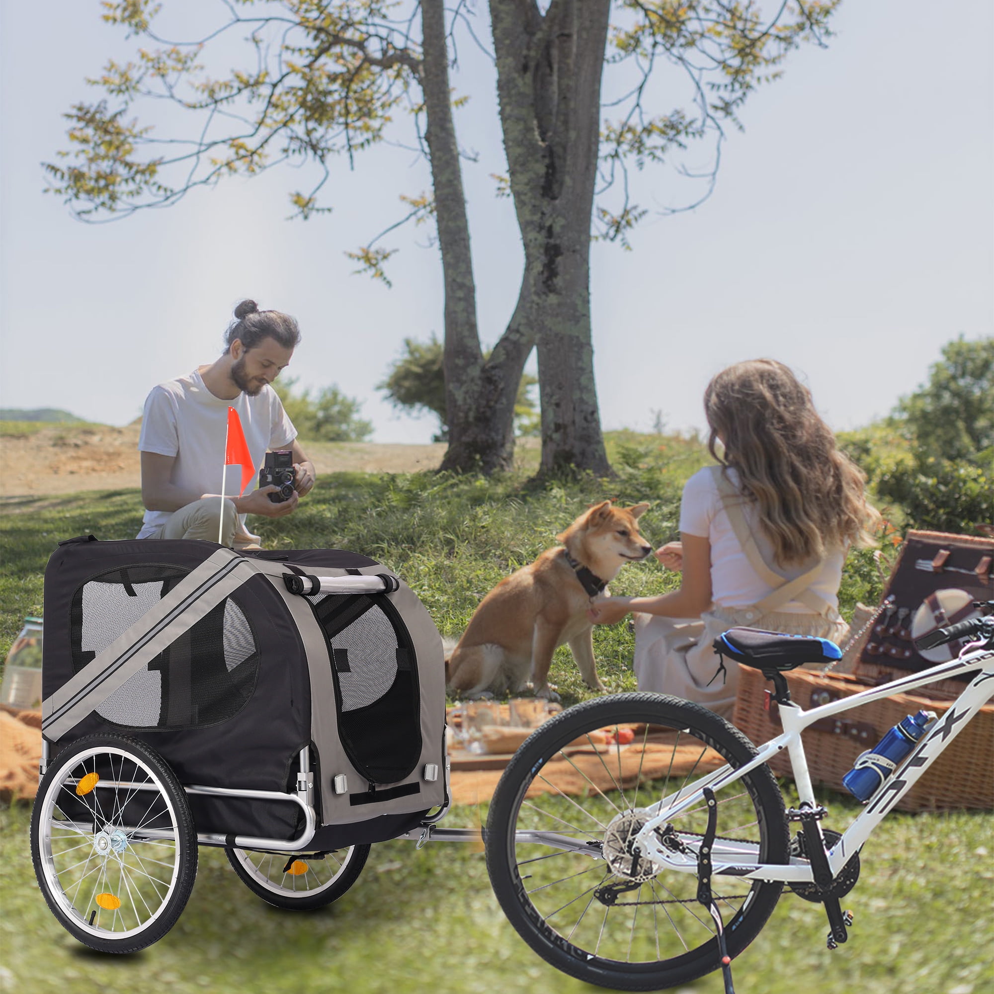 Pefilos 55" Dog Bike Trailer for Small and Medium, Pet Trailer with Suspension, Visibility Flag, Air-Filled Tires, Collapsible, Gray Pefilos 55" Dog Bike Trailer for Small and Medium, Pet Trailer with Suspension, Visibility Flag, Air-Filled Tires, Collapsible, Gray