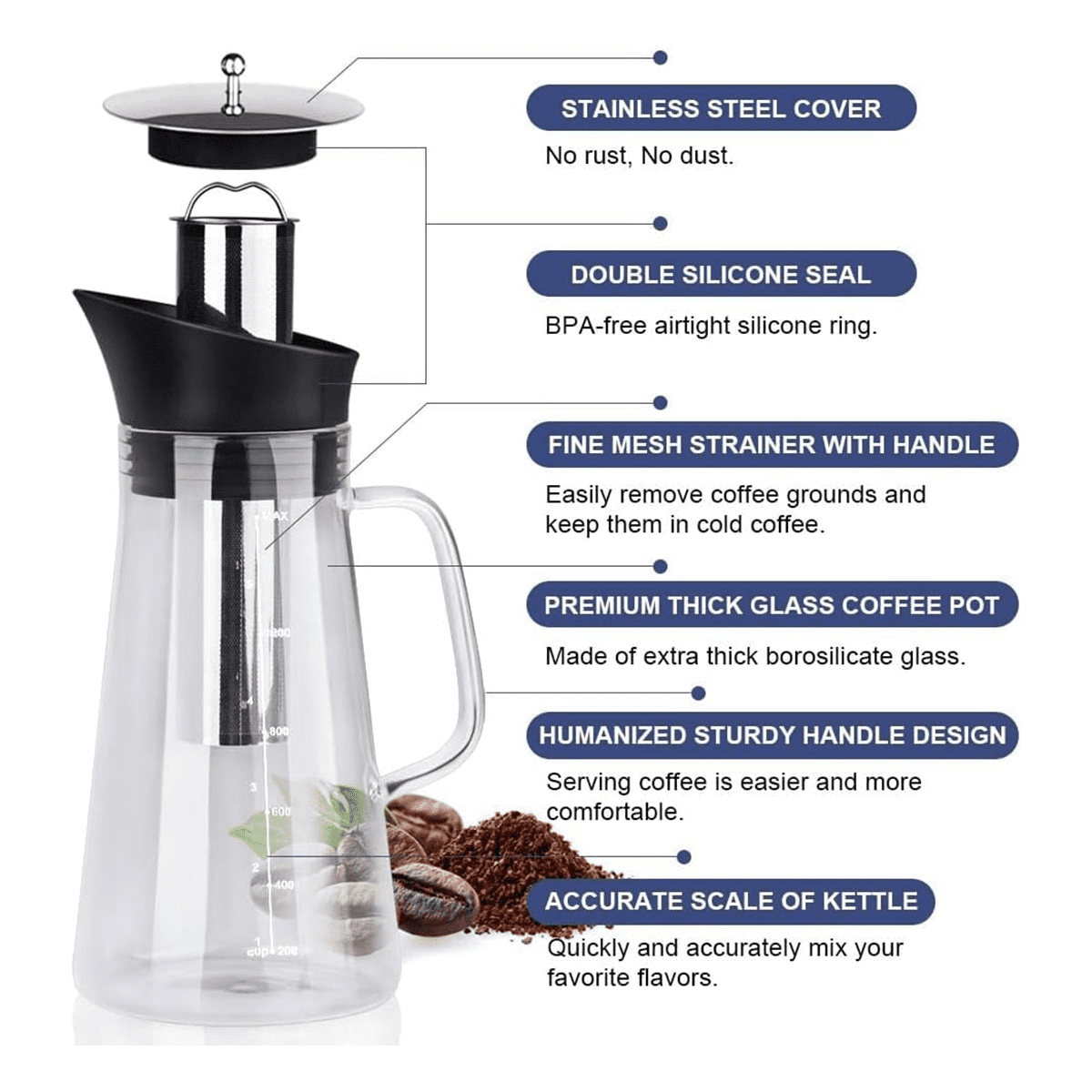 Cold Brew Coffee Maker, Iced Maker Machine, Tea Pitcher Glass and Airtight Lid Pot 1.2L