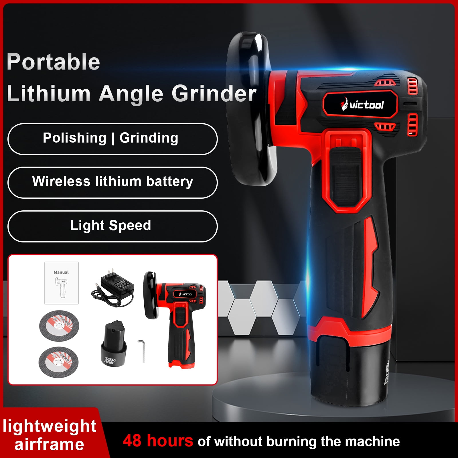 Victool 3 Inch 12V Lithium Electric Angle Grinder Handheld Polishing Grinding Machine Power Tools US