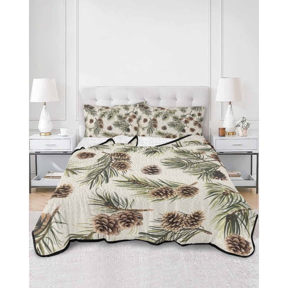 Quilts King Size, Sage Green Christmas Soft Comforter Bedding Set for Bed, Rustic Pine Cones Xmas Botanical Lightweight Quilted Bedspread with Pillow Cover(2 Pieces) for All Season, 96x106 Inch
