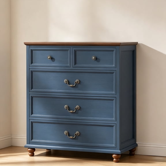 Buildhom Farmhouse 5-Drawer Dresser, Rustic Wood Chest with Solid Feet for Bedroom, Blue