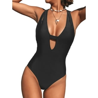 Cupshe Women's Essential One Piece Swimsuit Black Ginger Ribbed