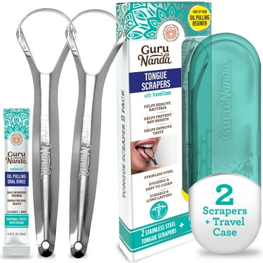 GuruNanda Spoon Tongue Scraper with Travel Case - Stainless Steel for Ages 12 & up - 2 Pack