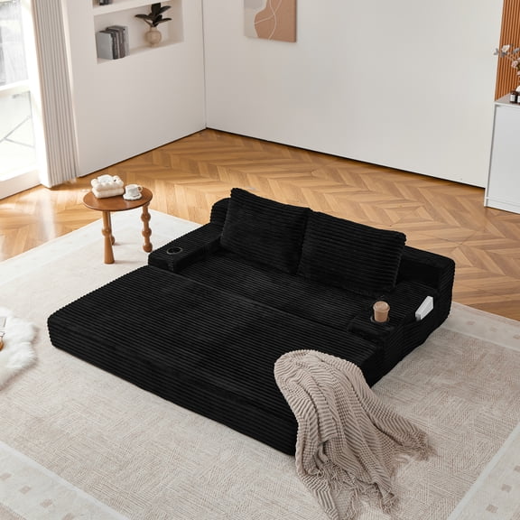 Leumius Futon Sofa Bed,Convertible Corduroy Boneless Couch with Cup Holders & Pocket,2-in-1 Foldable Sleeper Sofa for Living Room, Small Spaces, Bedroom, No Assembly,Black