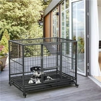 PetFurnishn 43'' Large Heavy Duty Metal Dog Crate - Folding Kennel with Wheels & Removable Tray, Black
