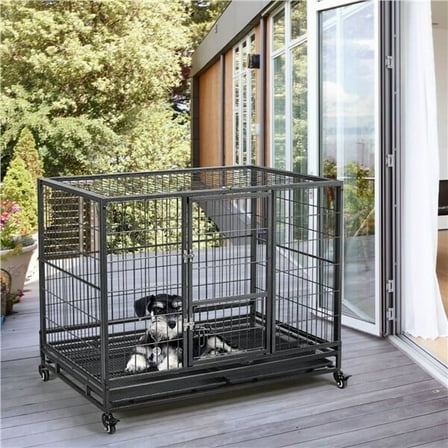 PetFurnishn 43'' Large Heavy Duty Metal Dog Crate - Folding Kennel with Wheels & Removable Tray, Black