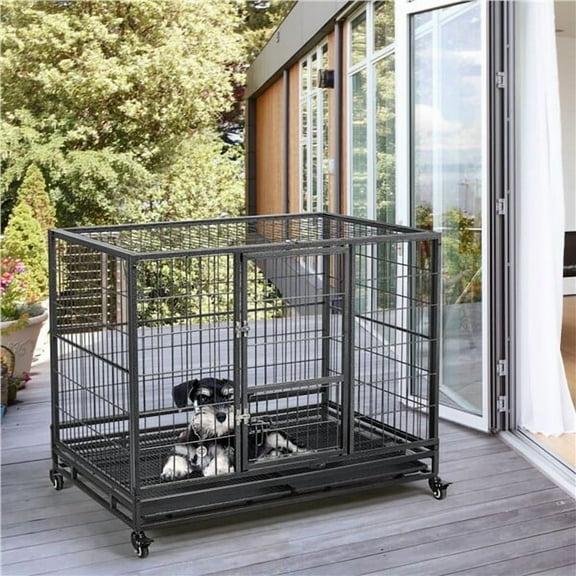 PetFurnishn 43'' Large Heavy Duty Metal Dog Crate - Folding Kennel with Wheels & Removable Tray, Black