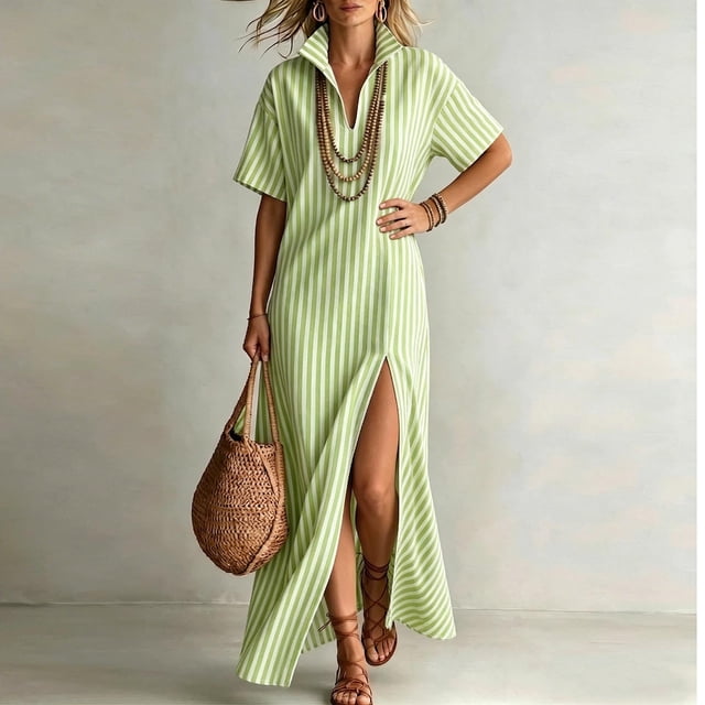 Sentmoon Robes à Manches Courtes pour Femmes Respirantes Coupe Régulière Grande Taille Robes d'Été 2026 Imprimé à Rayures Manches Courtes Col en V Robe de Collation des Grades pour Femmes pour Boîte de Nuit et Bar S-TTG