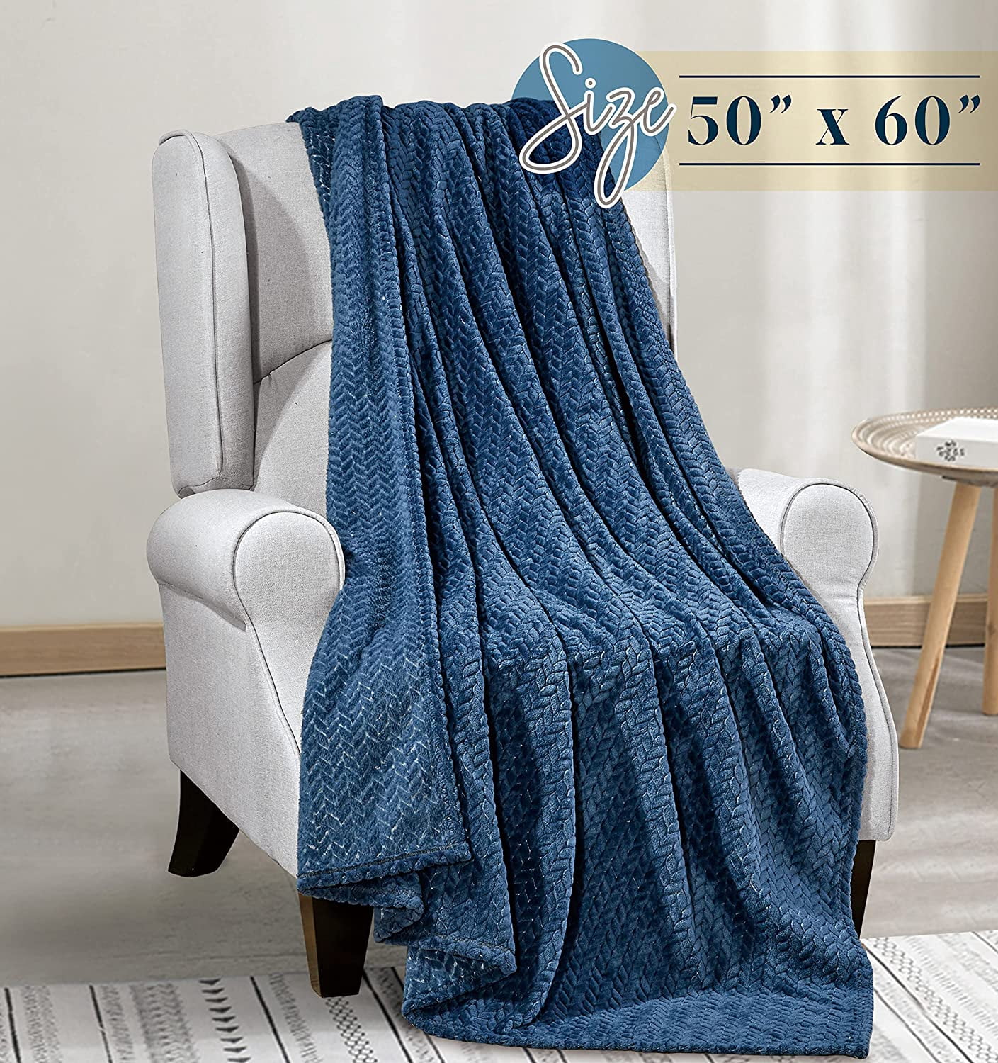 Elegant Comfort Breathable Fleece Throw Blanket, 50 x 60 inches, Perfect for Lounging and Home Decor, All Season Suitable, Chevron Throw, Navy