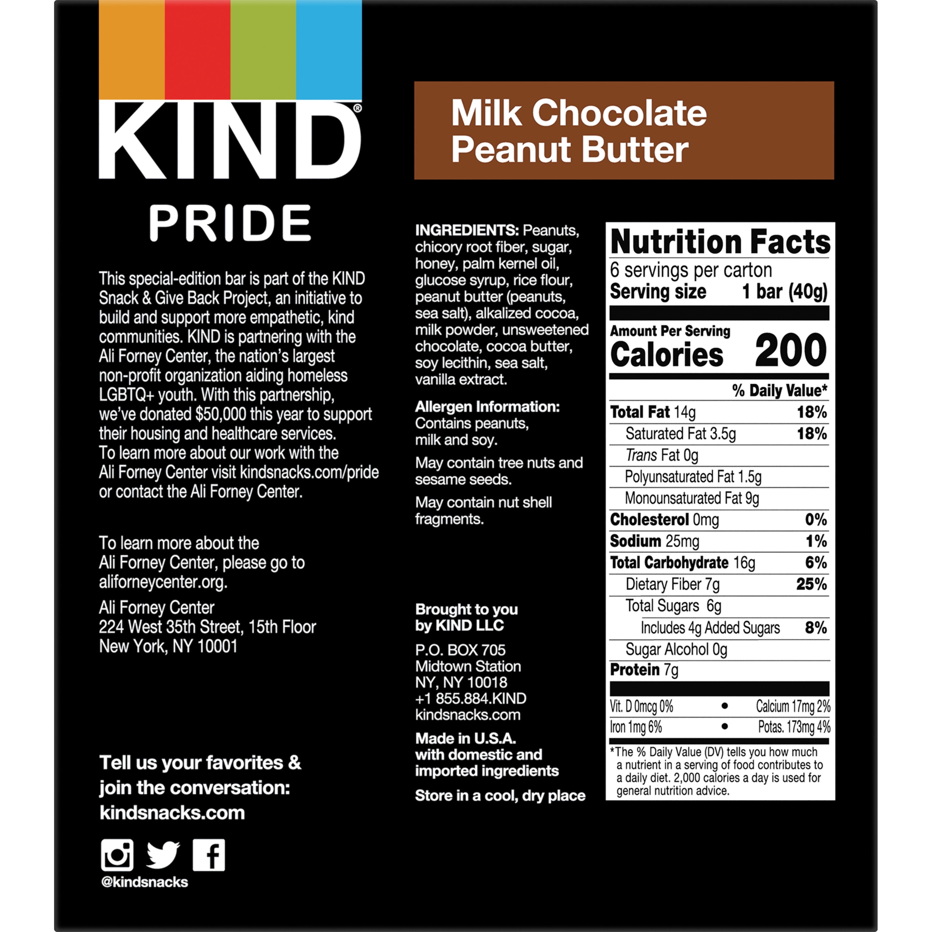 KIND Pride Bars, Milk Chocolate Peanut Butter, 1.4 oz, 6 Count