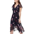 thumbnail image 3 of DKNY Womens Navy Zippered Textured Sheer Lined Tie Waist Floral Flutter Sleeve Surplice Neckline Midi Faux Wrap Dress 2, 3 of 4