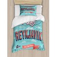 thumbnail image 1 of Iceland Duvet Cover Set Twin Size, Pastel Colored Illustration I Love Reykjavik Typography Vintage Greeting Sign, Decorative 2 Piece Bedding Set with 1 Pillow Sham, Coral Sea Blue, by Ambesonne, 1 of 3