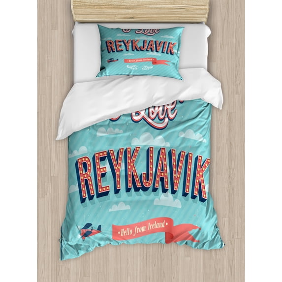 Iceland Duvet Cover Set Twin Size, Pastel Colored Illustration I Love Reykjavik Typography Vintage Greeting Sign, Decorative 2 Piece Bedding Set with 1 Pillow Sham, Coral Sea Blue, by Ambesonne