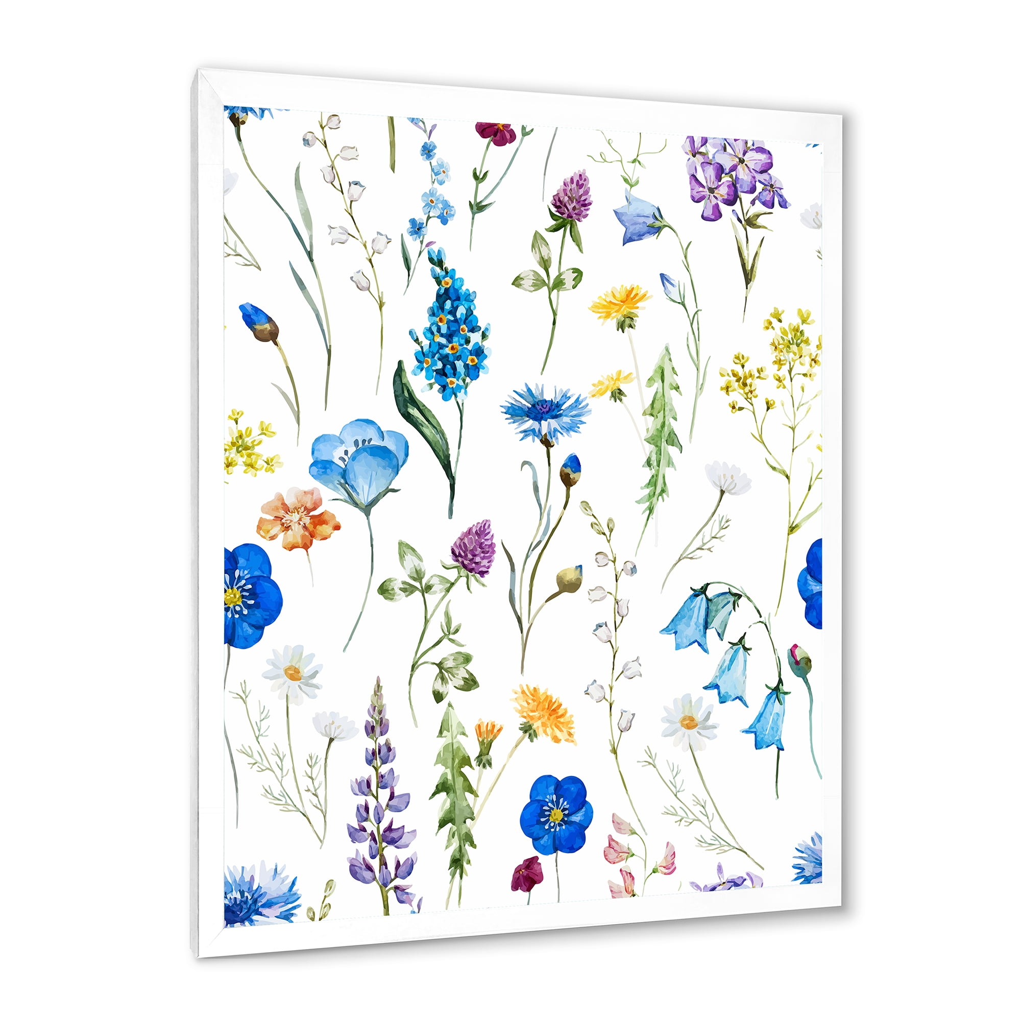 Designart 'Blue Wildflowers With Leaves I' Traditional Framed Art Print