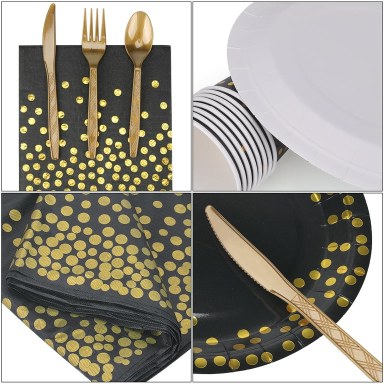202pcs Eco Friendly Disposable Black and Gold Paper Plates Cutlery Napkins Cups Tablecloth Banner Supplies Bulk Non Plastic Dinnerware Decorations