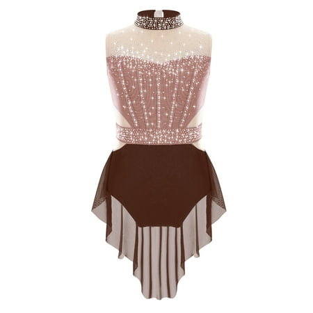 Doomiva Kids Girls Shiny Rhinestones Figure Skating Dress Mesh Skirted Leotard Ballet Lyrical Dancewear Brown 12