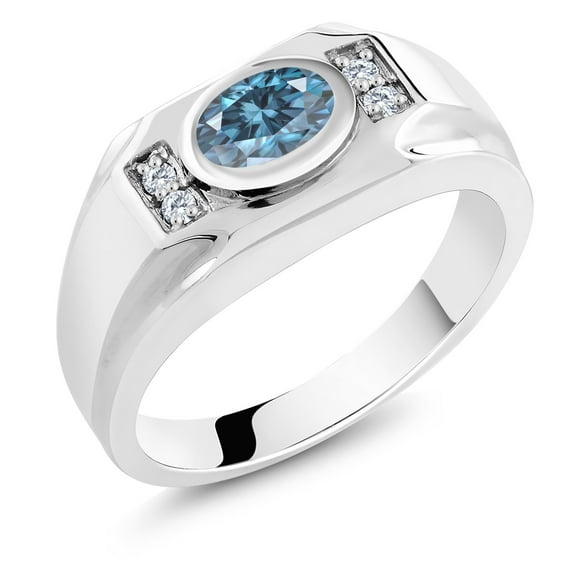 Gem Stone King Men's 925 Sterling Silver Persian Blue Moissanite and White Moissanite Ring (1.53 Cttw, Gemstone Birthstone, Oval 8X6MM,, Size 12)
