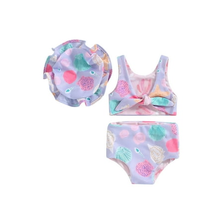 

Qtinghua 3Pcs Infant Toddler Baby Girls Swimsuit Shell Print Fly Sleeve Tankini Tops Swim Shorts Swim Cap Bathing Suit Bikini Set