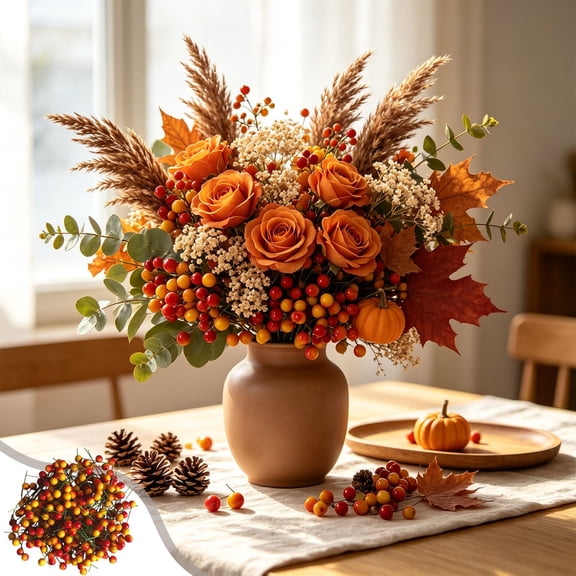AYktou 100 Pcs Artificial Berries, Artificial Gradient Berry Picks Christmas Thanksgiving Halloween Floral Arrangement Decor, Fall Orange Berry Faux Fruit for Autumn Harvest Xmas Tree DIY Decor