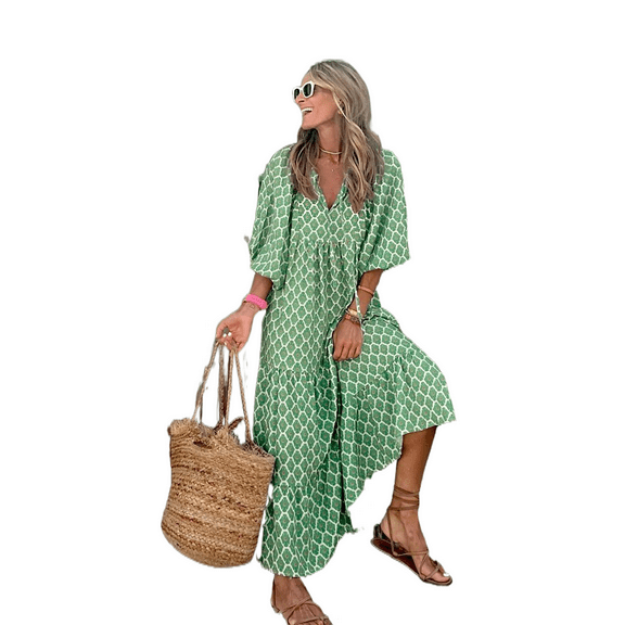 Merqwadd Women's Floral Print Deep V Neck 3/4 Sleeve A-Line Bohemian Tribal Boho Midi Dress