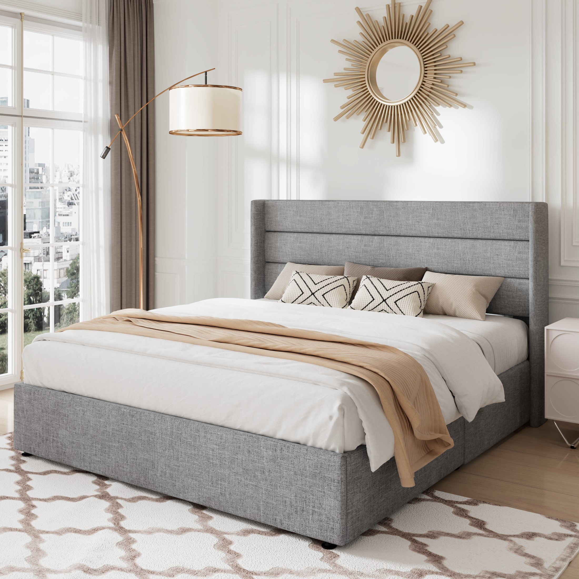 Allewie Full Size Lift Up Platform Storage Bed Frame with Channel Wingback Headboard, Light Grey