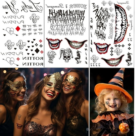 3 Sheets Joker Tattoos, Realistic Halloween Temporary Tattoo Sticker for Men - All Versions - Perfect for Halloween Cosplay Costumes Masquerade Party Makeup Accessories