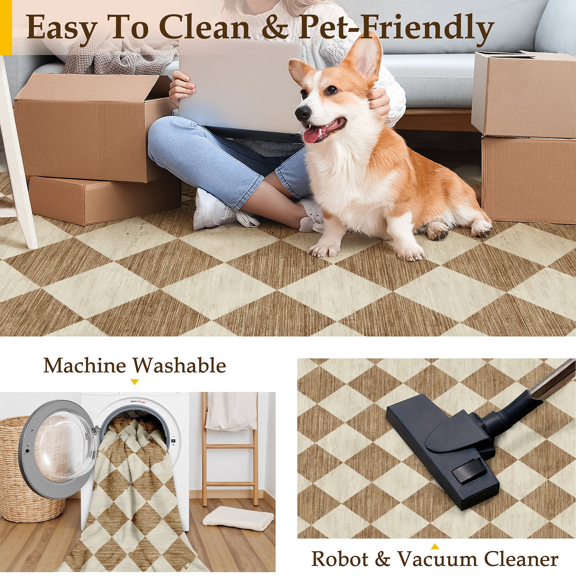 BERTHMEER 2'x6' Runner Rugs for Hallway Bathroom Bedroom Entryway Kitchen Non Slip Geometric Modern Rhombus Checkered Contemporary Washable Indoor Runner Rugs, Brown