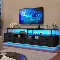 TV Stand for 65 70 Inches TV with LED Lights & Power Outlets, Entertainment Center with Open Shelves & 6 PU Fabric Drawers, TV Media Console Table for Living Room, Bedroom, Black