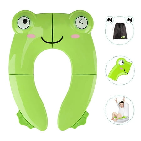 Portable Potty Seat for Toddler Travel - Foldable Non-Slip Potty Training Toilet Seat Cover for Boys Girls, Baby Kids with Drawstring Bag (Green Frog) Green Frog