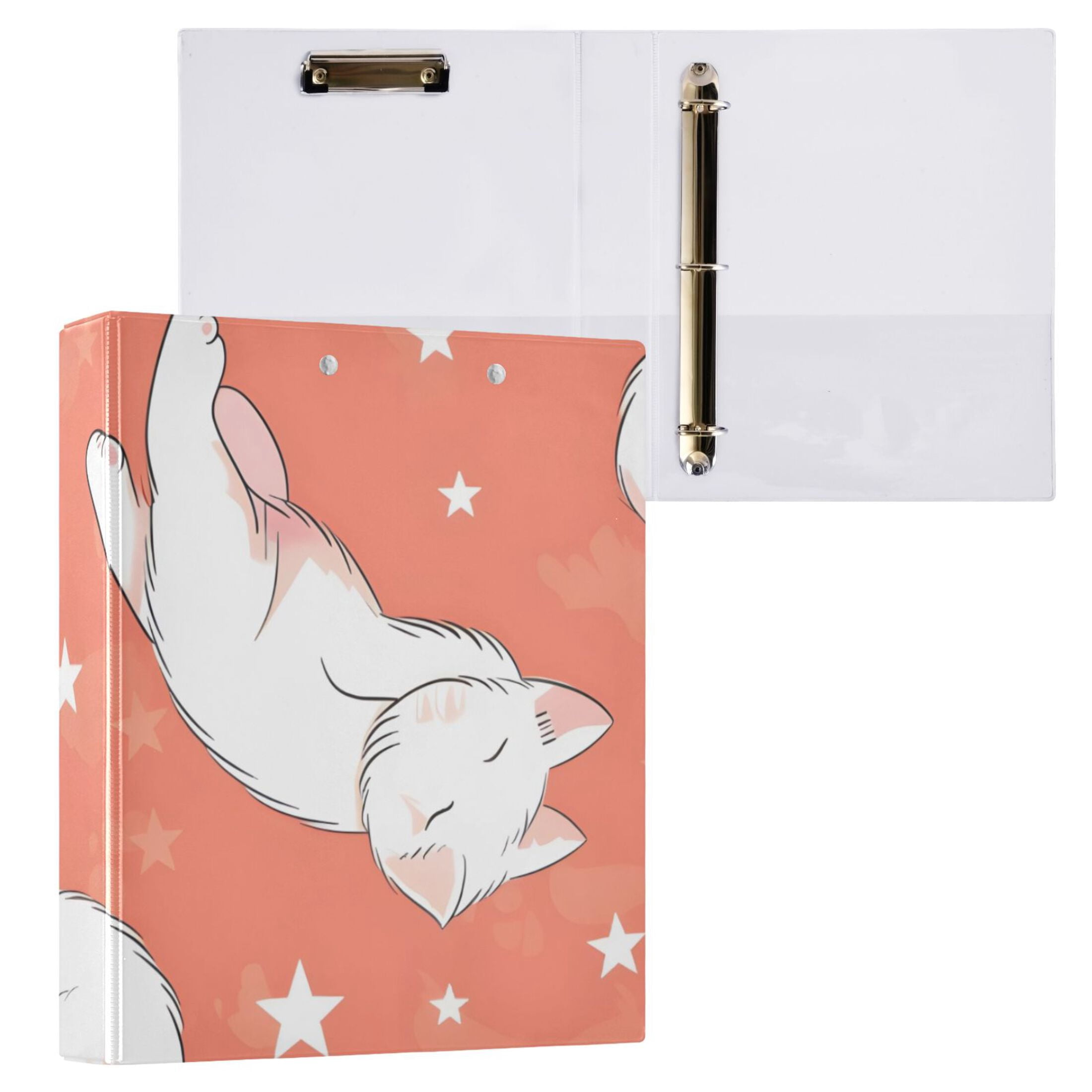 Lazy White Cats 3 Ring Binders 1.5 inch Hardcover File Folders with Interior Pockets A4 Size Organizer for School Office Hospital