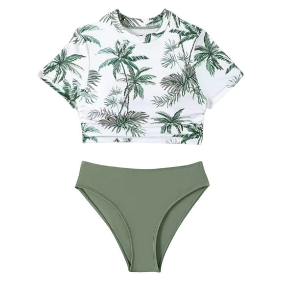 Pimfylm Young Girls Tankini Set Girls Two Piece Striped Bikini Set Swimwear Flounce Ruffle Trim Beach Bathing Swimsuit Green,Size for 8-9 Years