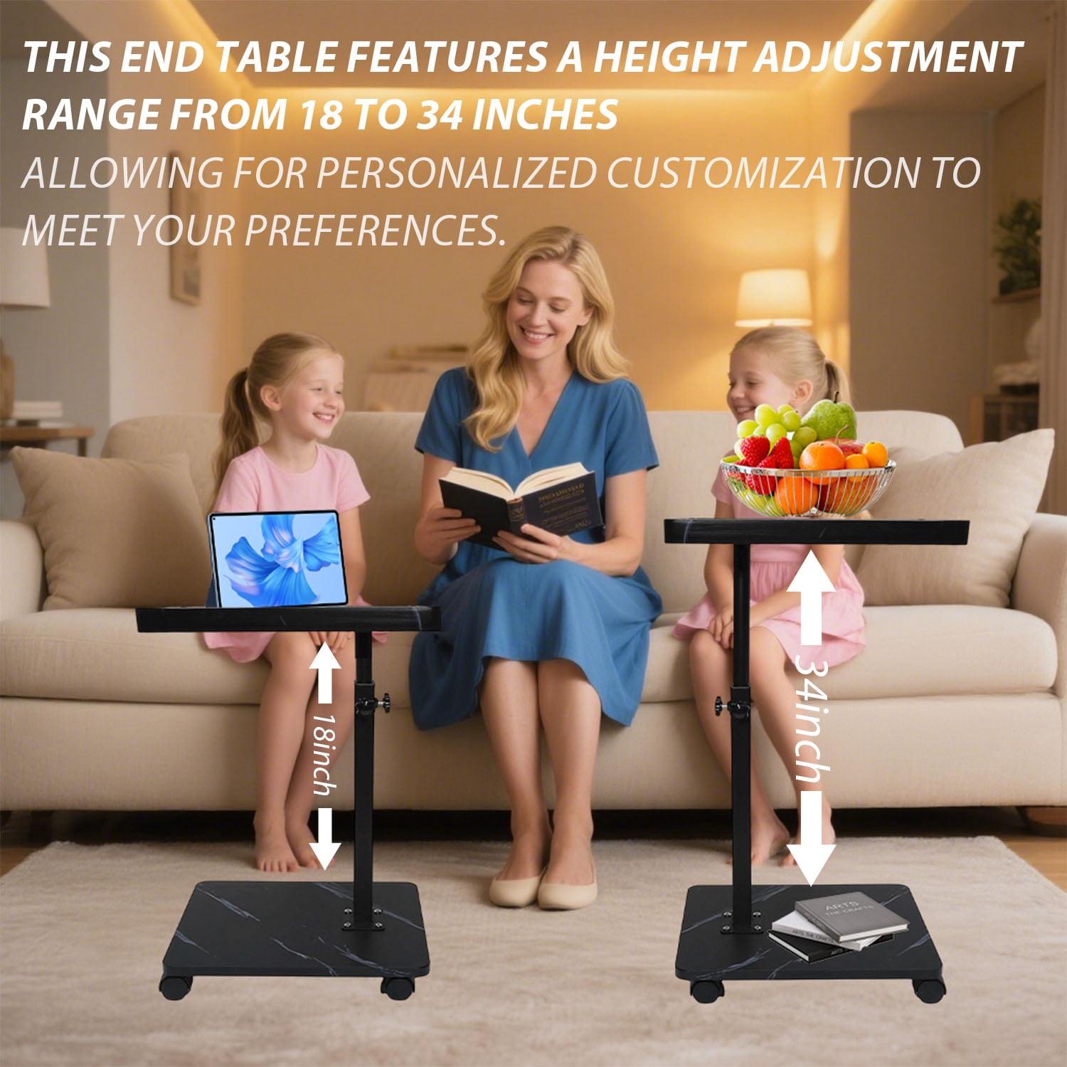 ManyFun C Table End Table Adjustable Heigh Durable MDF Top, Steel Frame, Universal Wheels, Multifunctional Tea Table (Black and white texture)