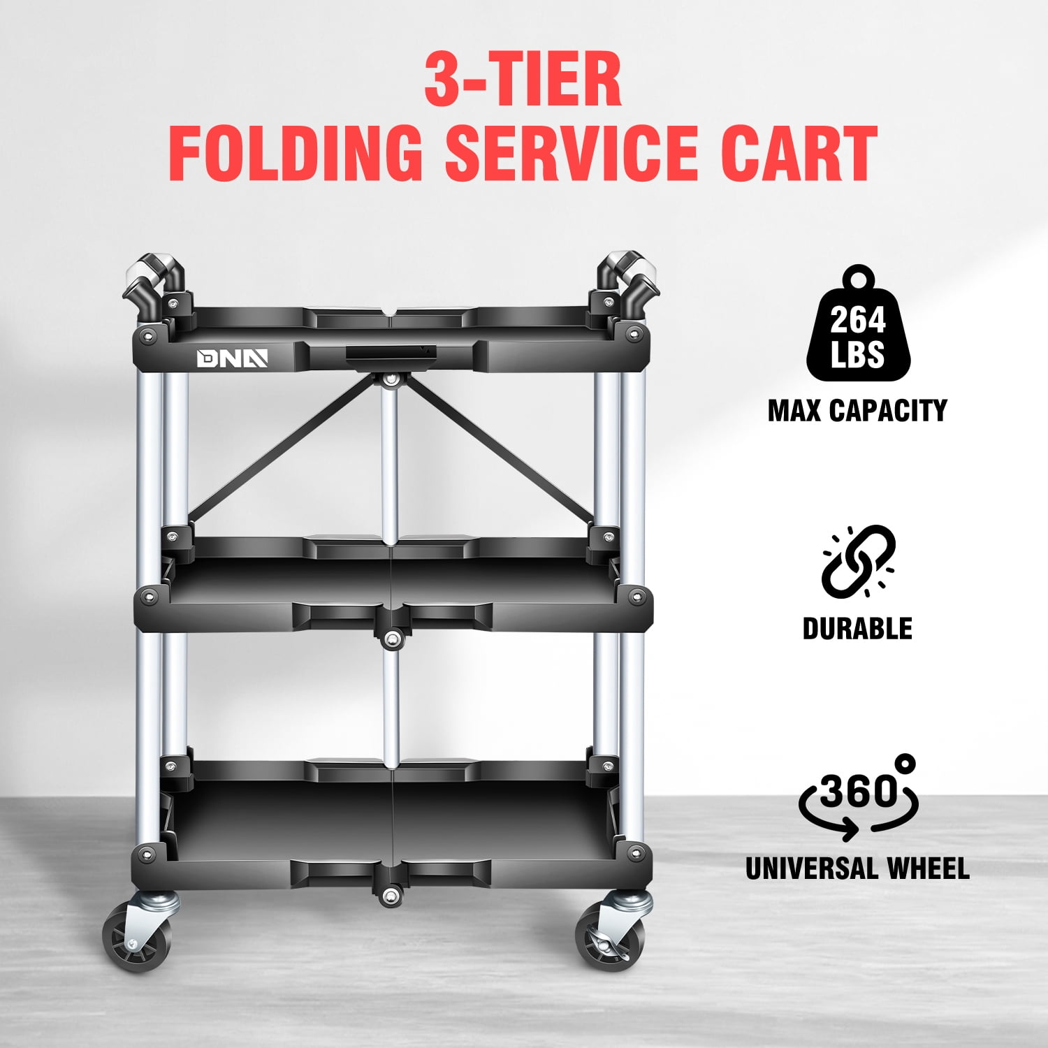 DNA MOTORING TOOLS-00430 3 Tier Folding Rolling Service CartCollapsible Utility Cart for Warehouse Workshops Restaurants