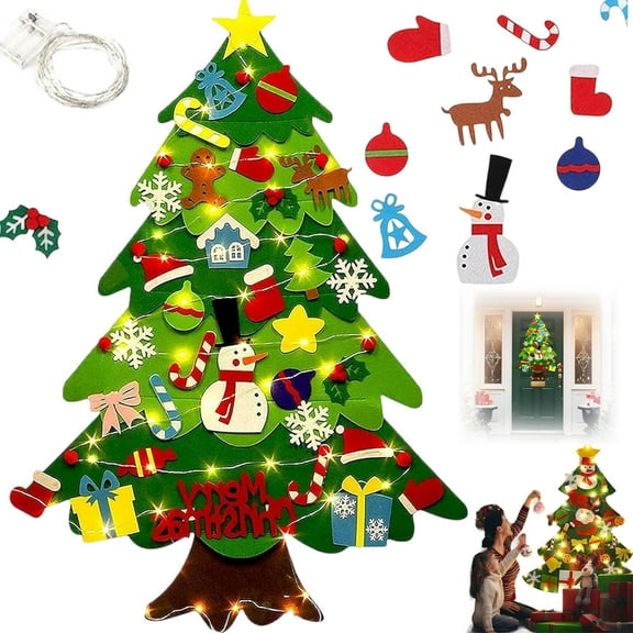 KANOHENO Montessori Felt Christmas Tree - Kids Interactive Christmas Decor with 32 Pcs Felt Ornaments, 17ft(5m) Lights, DIY Non-Woven Felt Tree for Toddlers, Holiday Activity