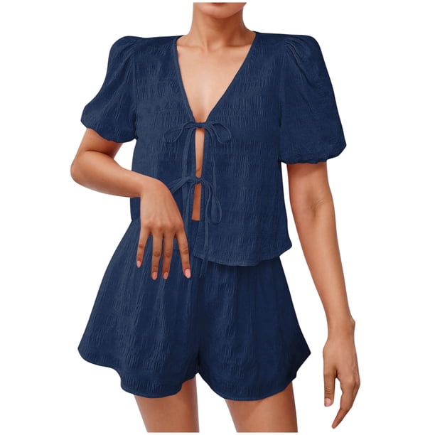 Camisas de Color Sólido para Mujeres Verano Manga Corta Cuello en V Cuello Delantero Corbata Camisa Pantalones Cortos Conjunto
