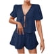 thumbnail image 1 of Camisas de Color Sólido para Mujeres Verano Manga Corta Cuello en V Cuello Delantero Corbata Camisa Pantalones Cortos Conjunto, 1 of 8