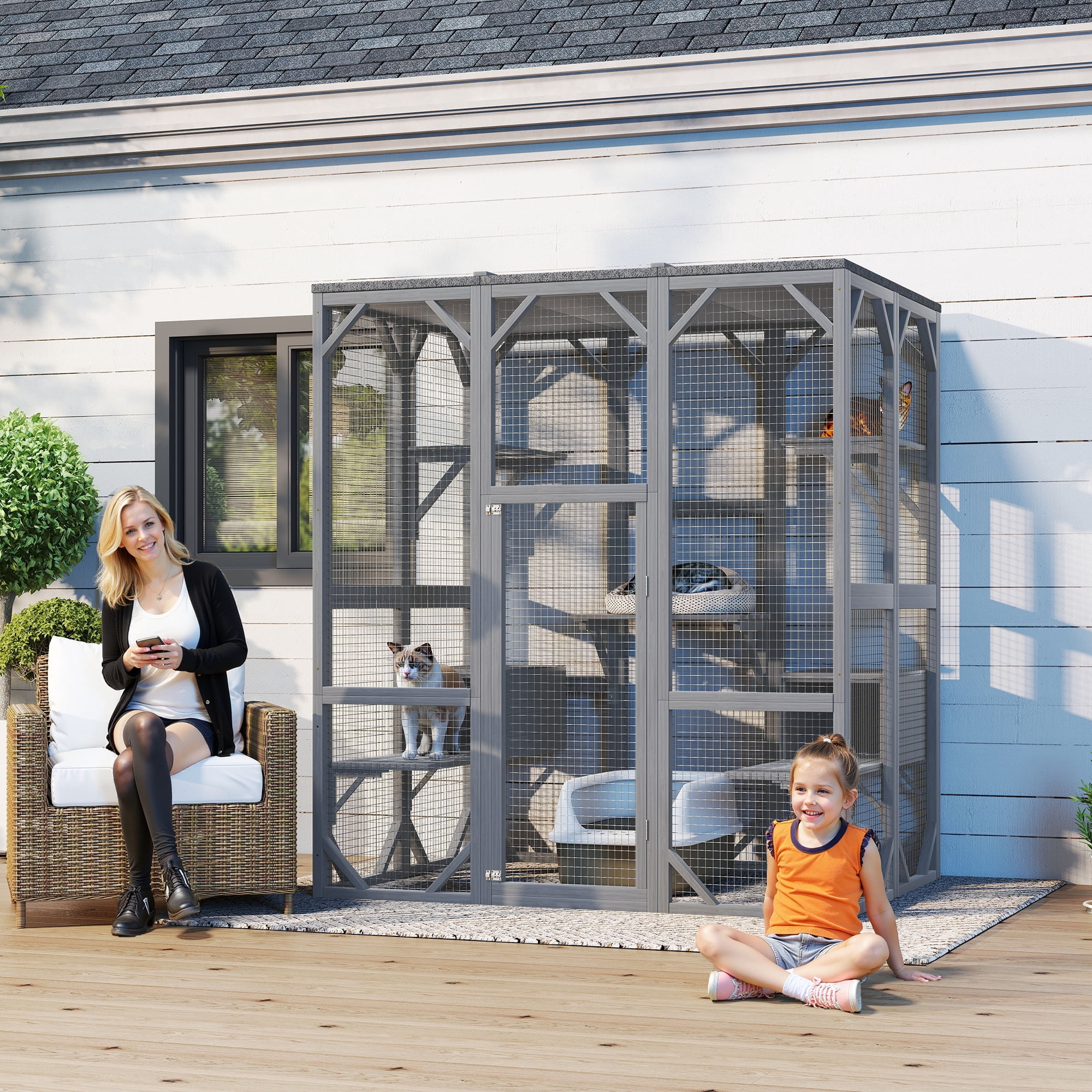 YIYADO 71" Large 3-Tier Outdoor Cat Enclosure, Waterproof Cat House with 6 Platforms, Sturdy Wooden Cat Cage for Patio, Yard, Garden, Suitable for Multiple Cats