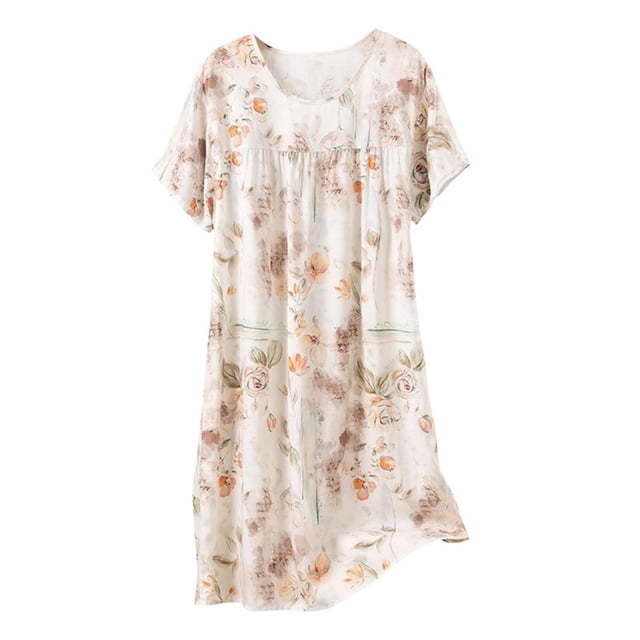 Chemise de Nuit pour Femmes, Manches Courtes à Col Rond Imprimé, Robe d'Allaitement, Rayonne Spandex Douce, Robe de Détente Longueur Genou
