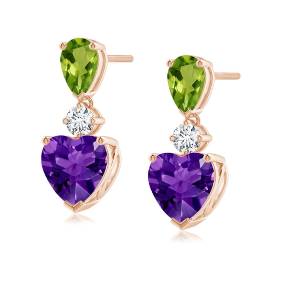 ANGARA Natural Heart-Shaped 3 ct Amethyst and Pear-Shaped Peridot Earrings in 14K Rose Gold for Women (Size-7mm) | February Birthstone, Anniversary, Jewelry Gift for Women | Natural Amethyst Earrings