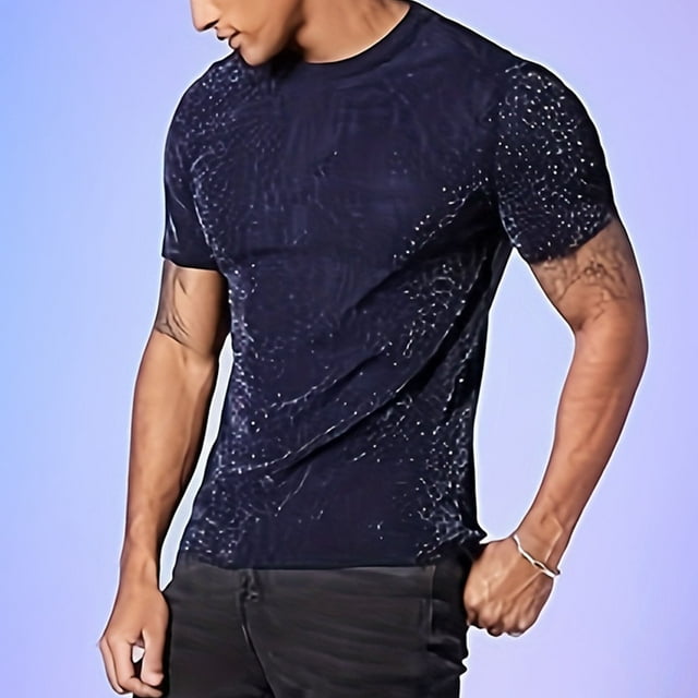 pstuiky camisetas de hombre, Camiseta de manga corta con cuello redondo y malla transparente de alto rebote con tirador brillante para hombre camisas casuales para hombre xxl