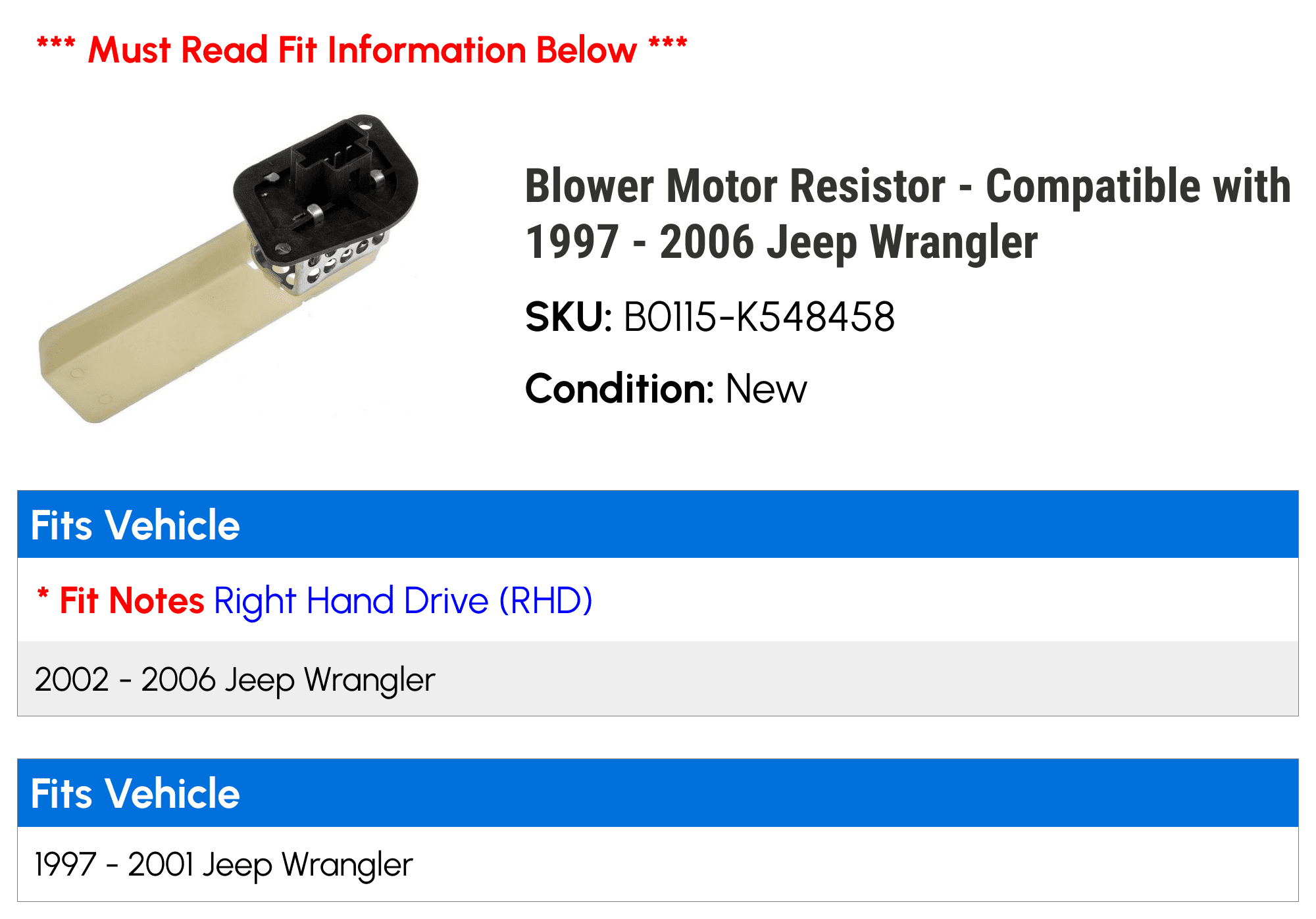 Blower Motor Resistor - Compatible with 1997 - 2006 Jeep Wrangler - Dorman