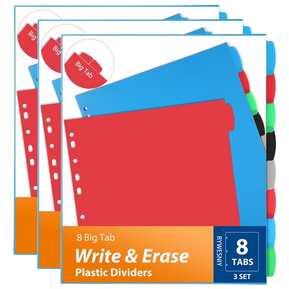 RYWESNIY 8 Tab Plastic Binder Dividers,Write and Erase Dividers for Binders, Multicolor, school supplies